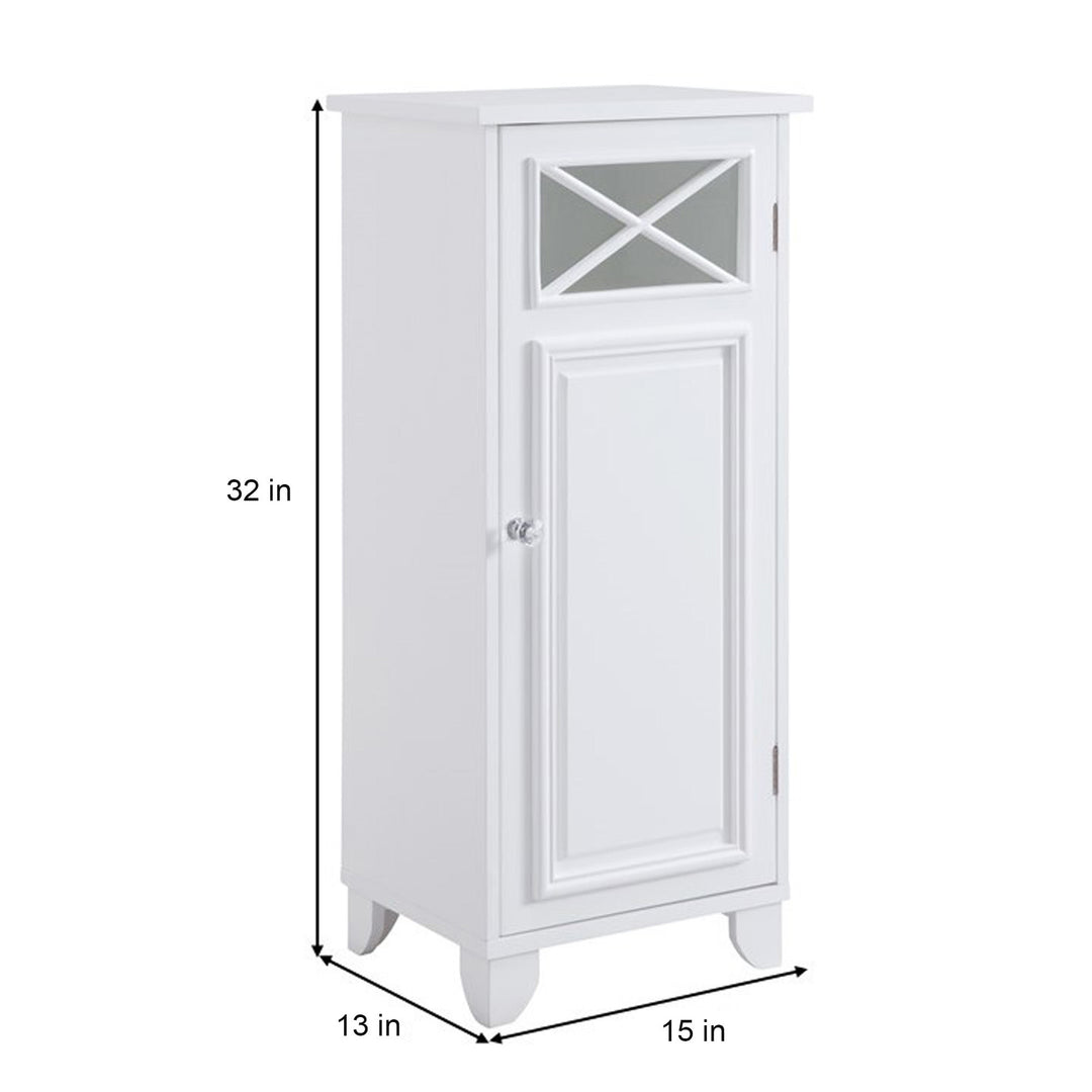 Dimensional graphic of a narrow white floor cabinet in inches and centimeters