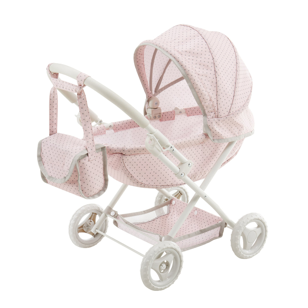 pink basinet stroller for dolls with canopy up