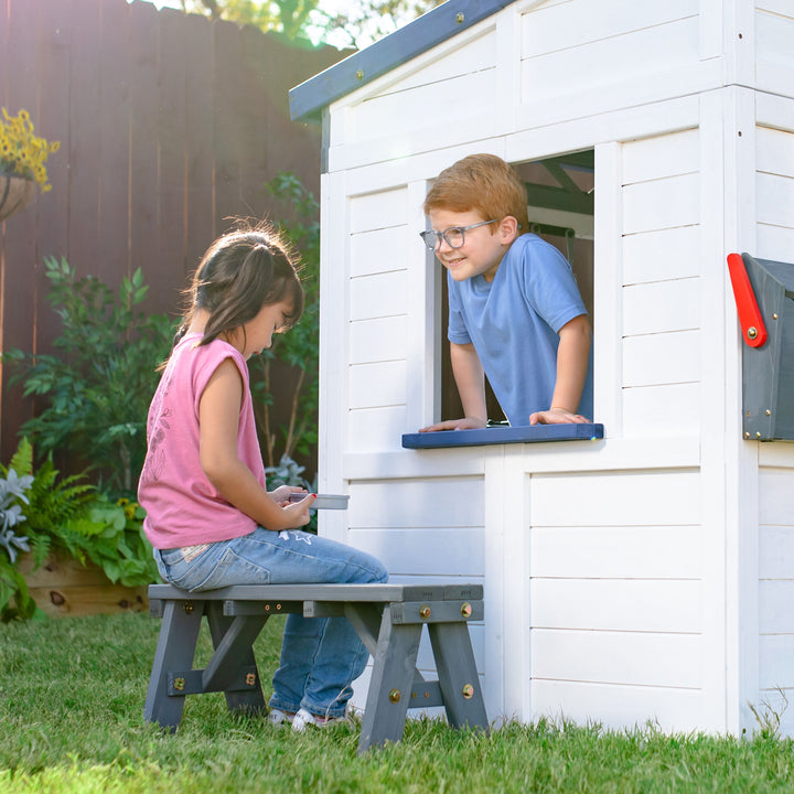 Teamson Kids Rainbow Shade Wooden Playhouse with Kitchen and Bench, White