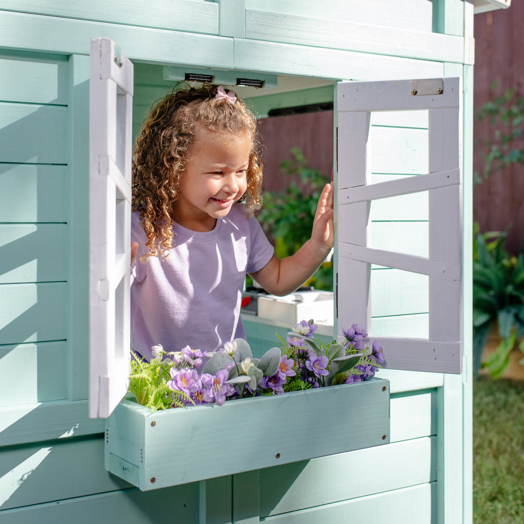 Teamson Kids Rainbow Shade Wooden Playhouse with Kitchen and Bench, Mint