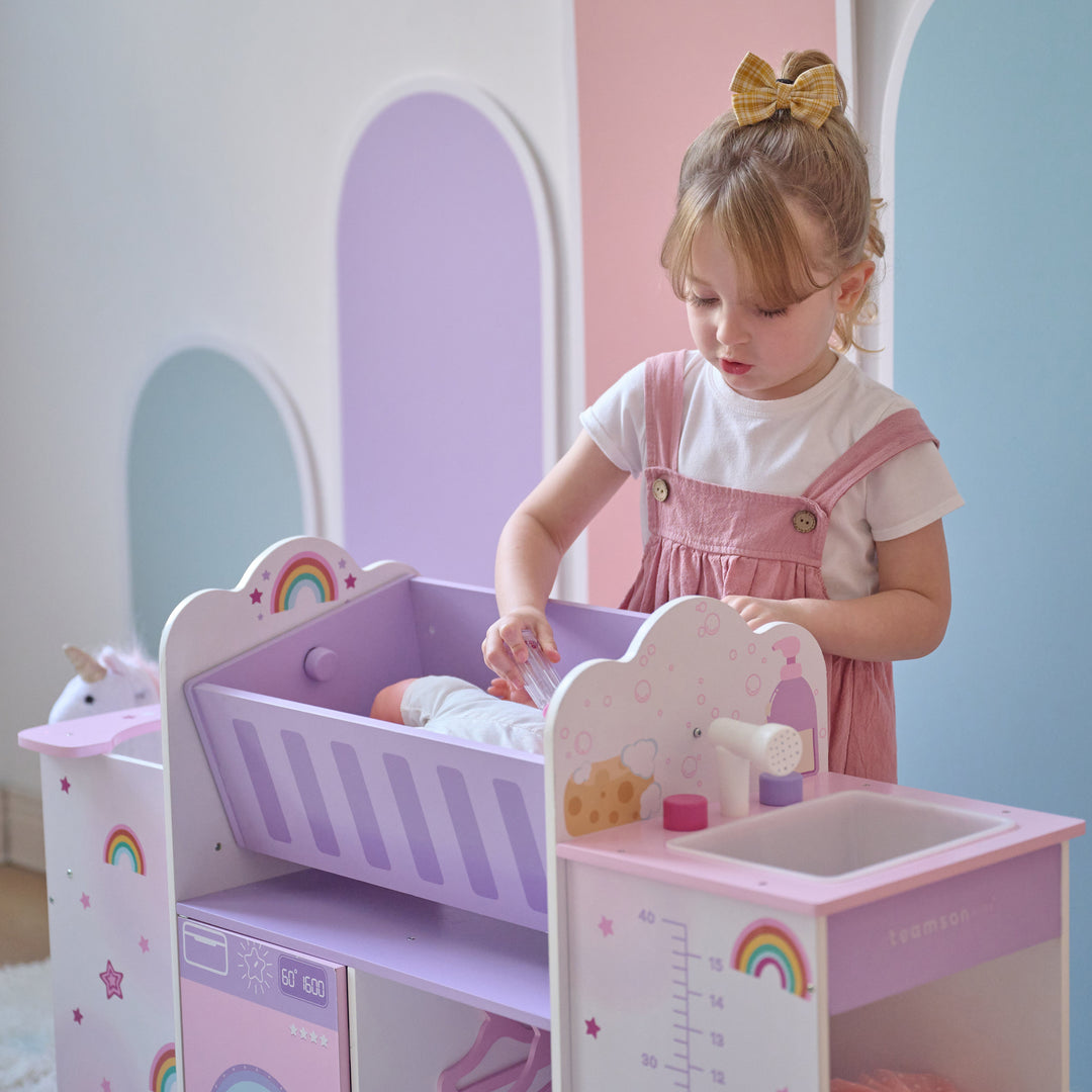 Fantasy Care Wooden 6-in-1 Baby Doll Nursery with Cradle, High Chair & Sink for Pretend Play by Olivia's Little World