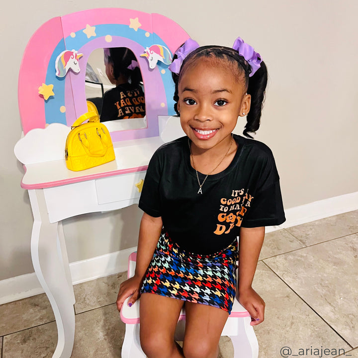 Teamson Kids Little Dreamer Rainbow Unicorn Wooden Play Vanity Set with Acrylic Mirror, Jewelry Pegs, Three Storage Spaces, Matching Stool, Rounded Corners, Non-Toxic Paint and Pastel Finish, Ages 3+