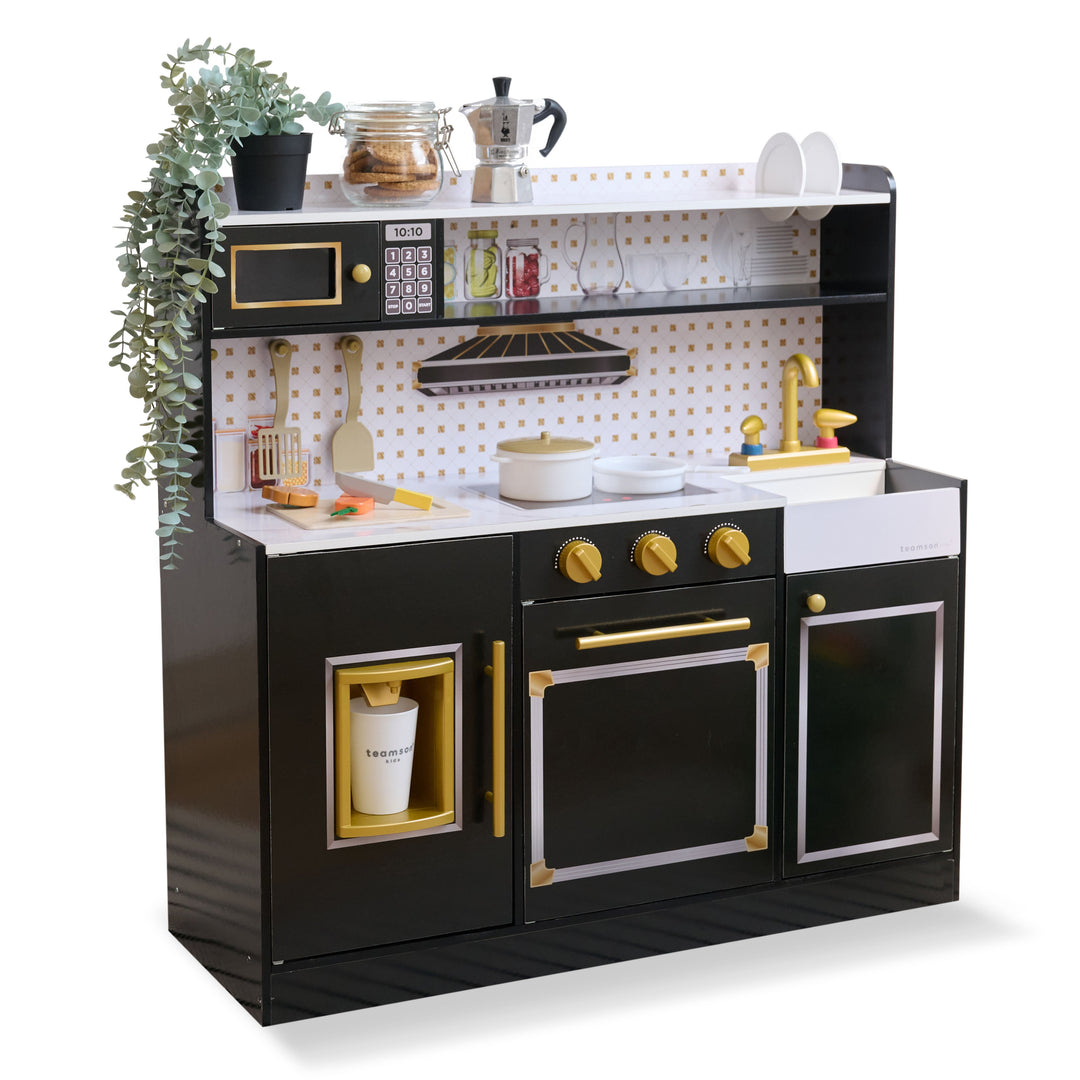 2-Pcs Wooden Play Kitchen with 15 Accessories, Black - Little Chef St. Louis by Teamson Kids