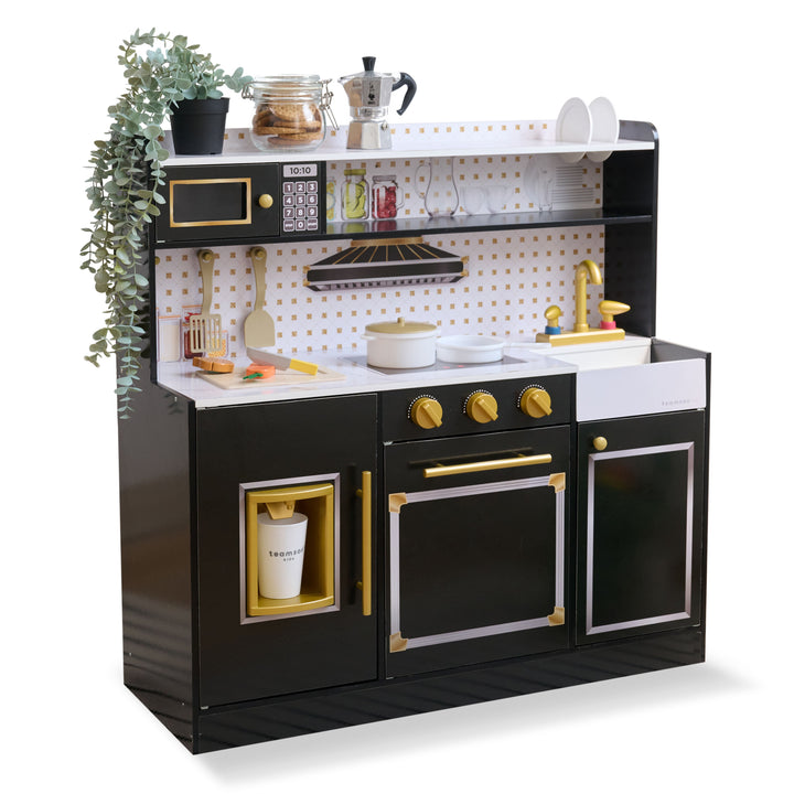 2-Pcs Wooden Play Kitchen with 15 Accessories, Black - Little Chef St. Louis by Teamson Kids