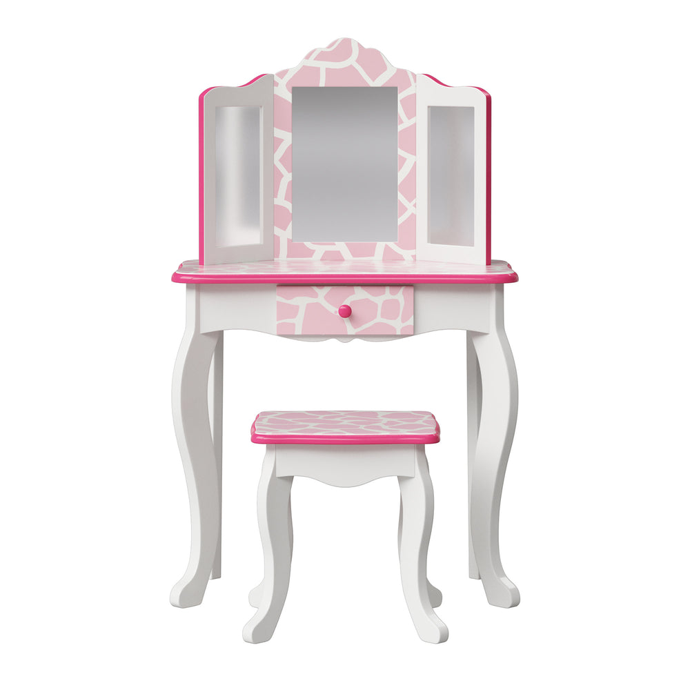 A kids vanity set with a white finish and pink giraffe print