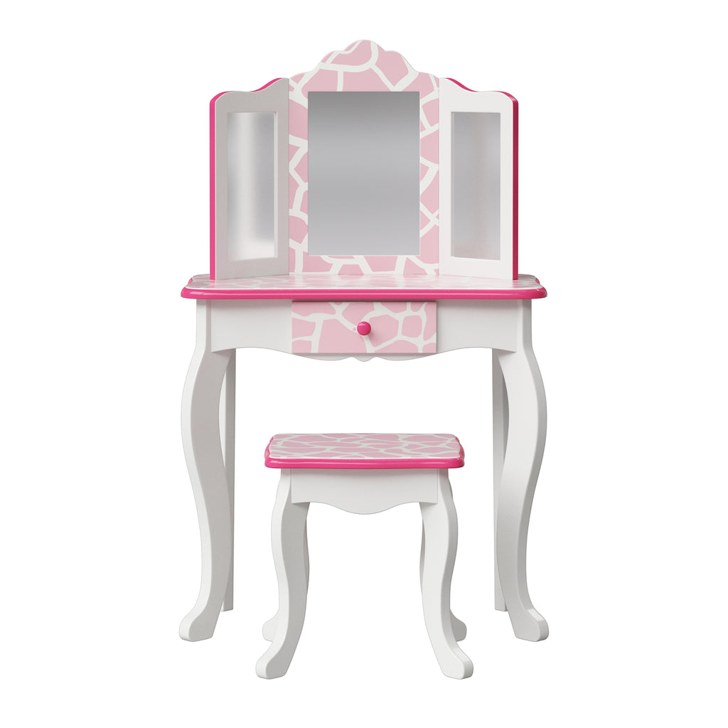 pink and white dressing table Girly White Dressing Table with Pink Vanity and Chandelier