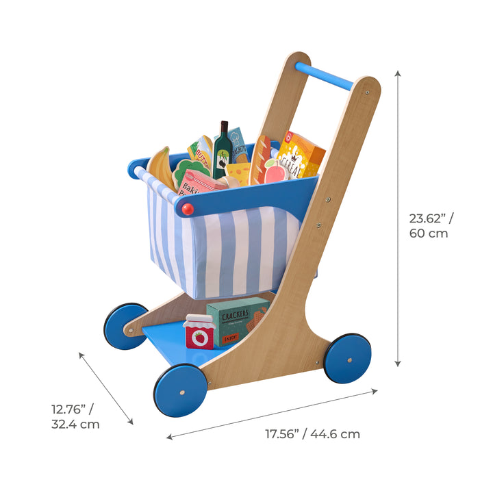 Wooden Grocery Cart Toy with 13 Accessories, Blue – Little Helper Mr. Fresh by Teamson Kids