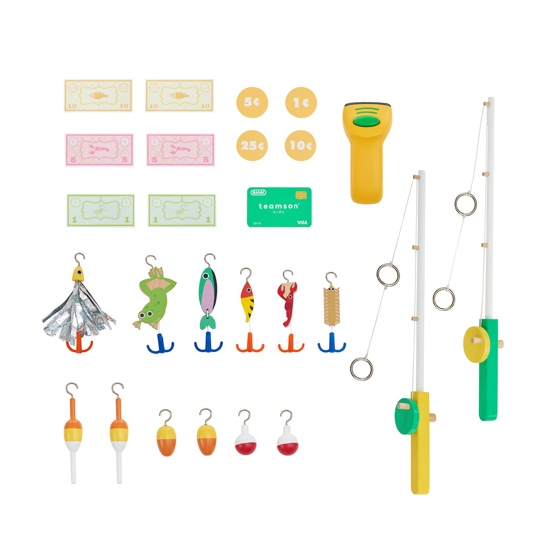 Accessory set includes play money, handheld scanner, two fishing poles, six lures and six bobbins