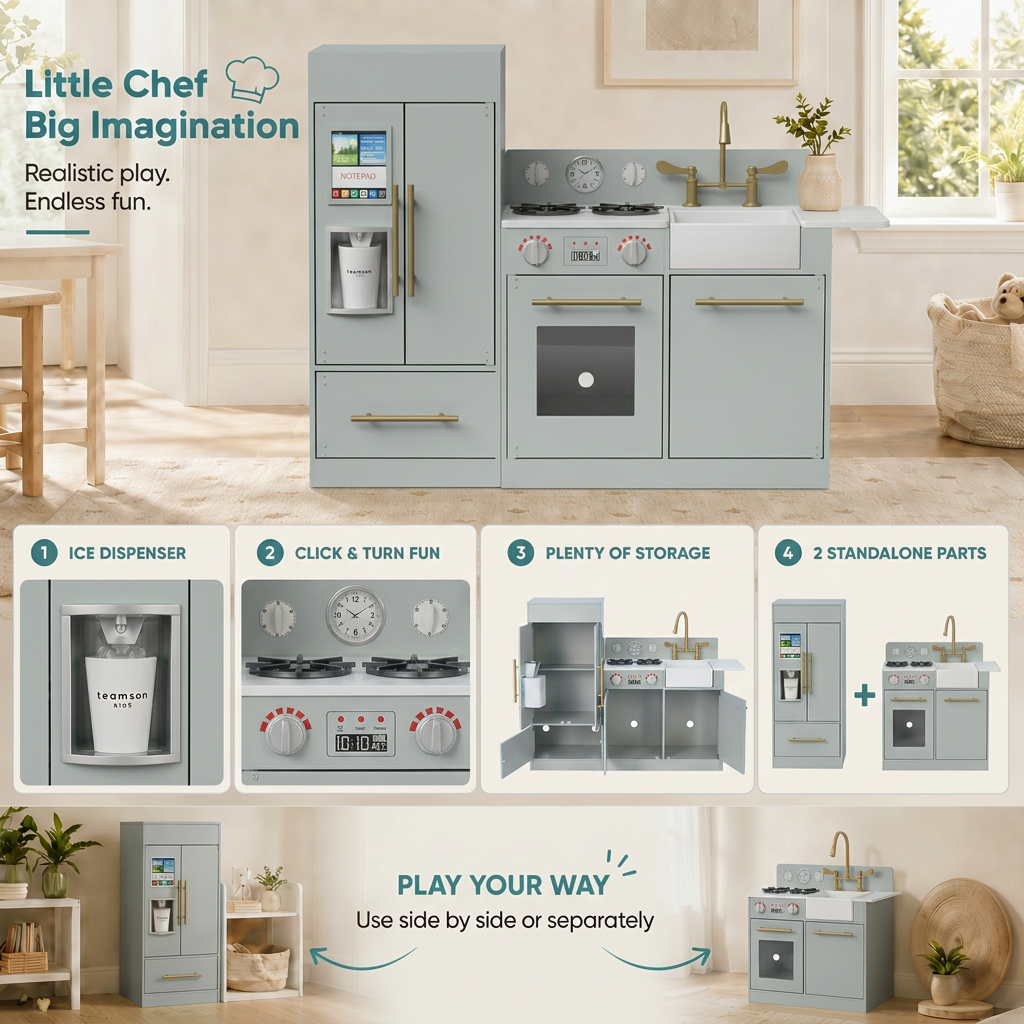 Teamson Kids Little Chef Charlotte Modern Play Kitchen, Silver Gray/Gold