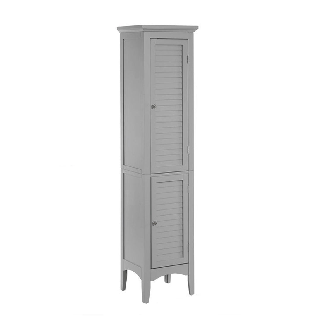 Side view of a gray tall linen cabinet with faux louvered doors