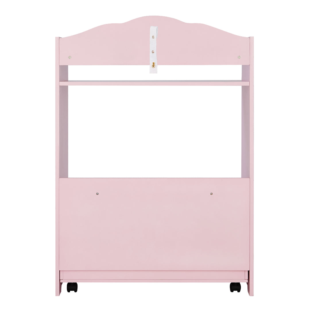 A back view of the Magic Garden Kids Wooden Toy Organizer with Rolling Storage Box, Pink on wheels.