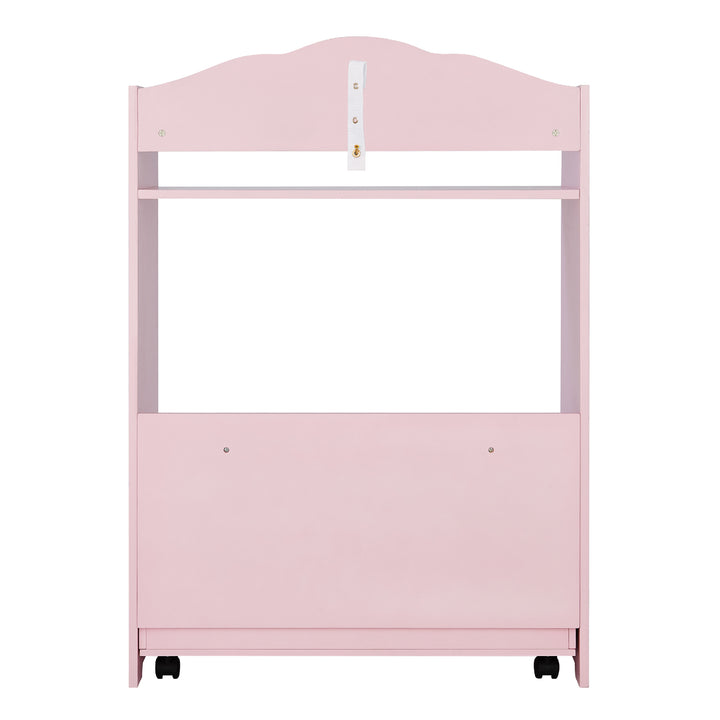 A back view of the Magic Garden Kids Wooden Toy Organizer with Rolling Storage Box, Pink on wheels.