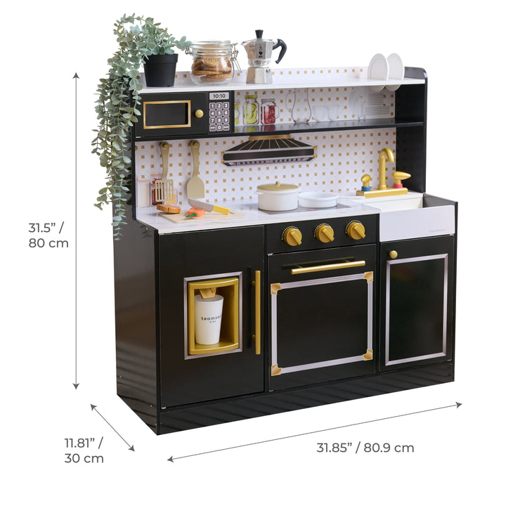 2-Pcs Wooden Play Kitchen with 15 Accessories, Black - Little Chef St. Louis by Teamson Kids