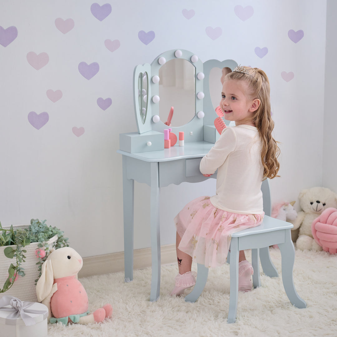 Kids Vanity with LED Lights, Blue - Heart Glow Play Vanity Set by Teamson Kids