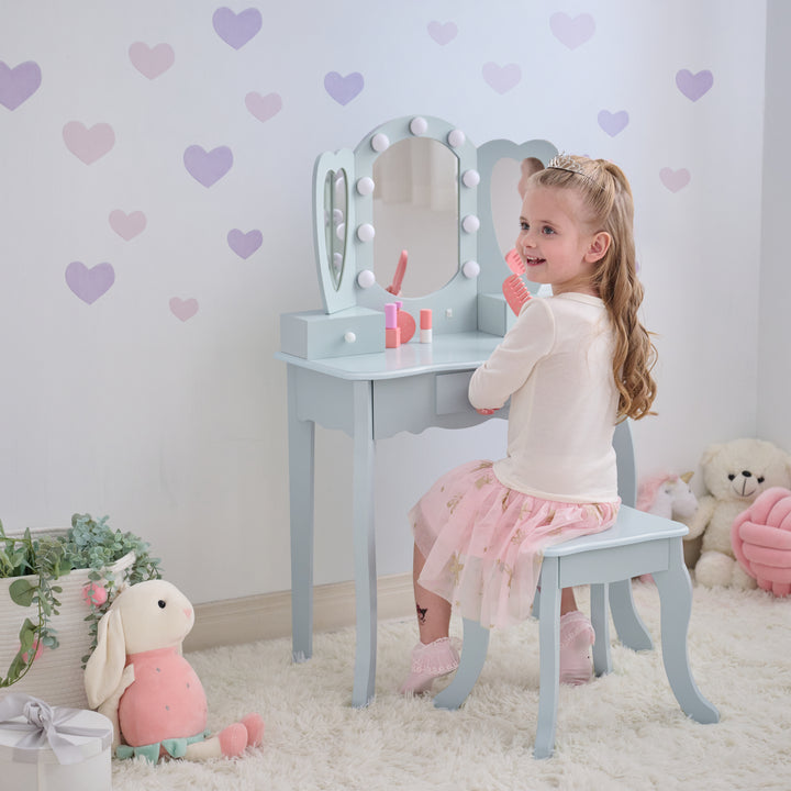 Kids Vanity with LED Lights, Blue - Heart Glow Play Vanity Set by Teamson Kids