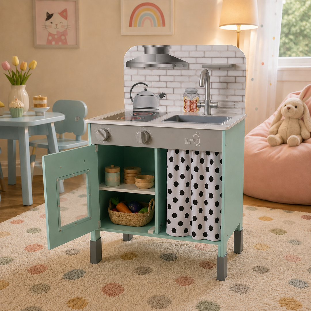 Teamson Kids Little Chef Philly Adjustable Wooden Play Kitchen with 2 Height Settings, Clicking Knobs, Faucet, Cabinet, Shelf, Side Pegs, Compact Design, Pretend Play, Ages 3+