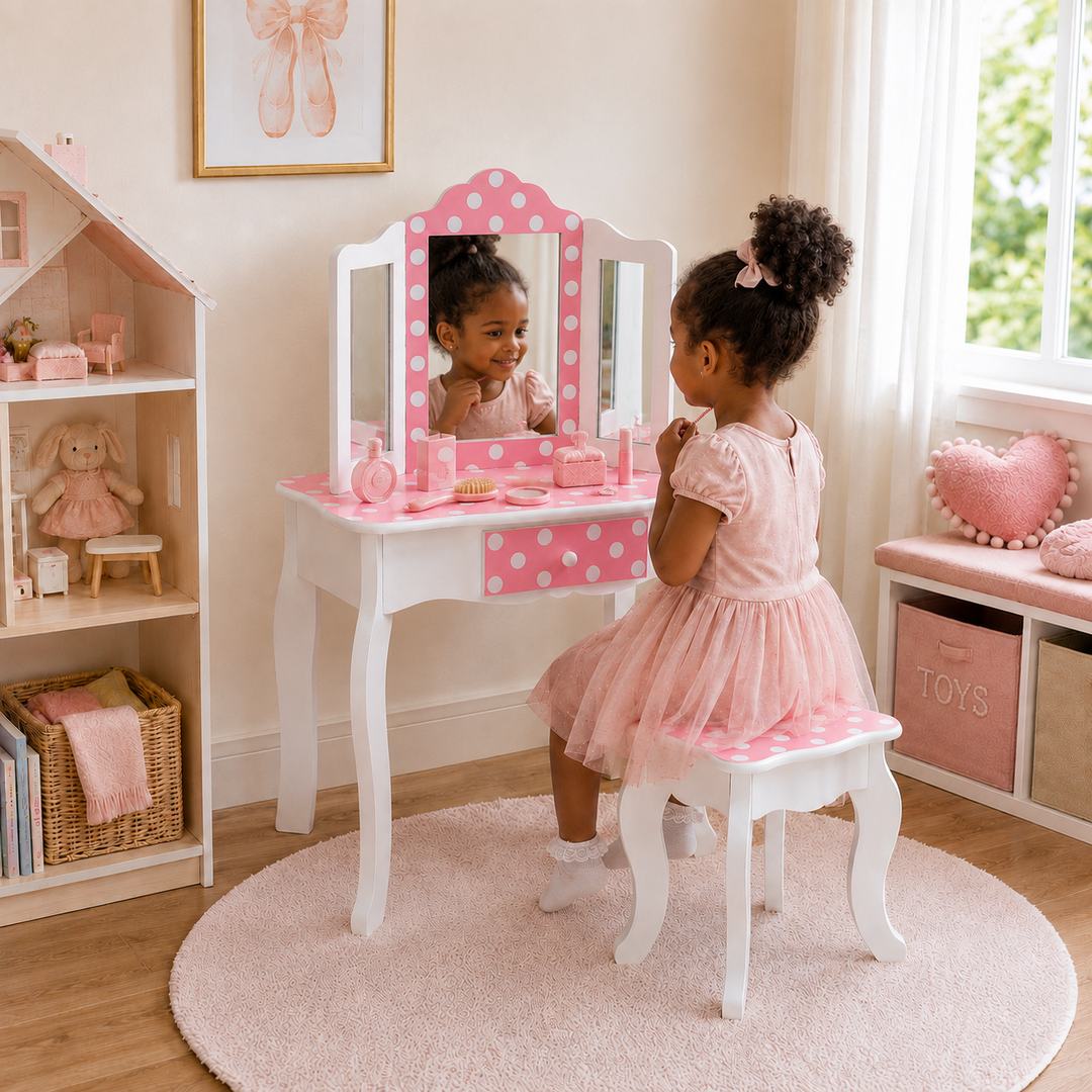 Teamson Kids Gisele Polka Dot Kids Vanity Table & Stool, White & Pink