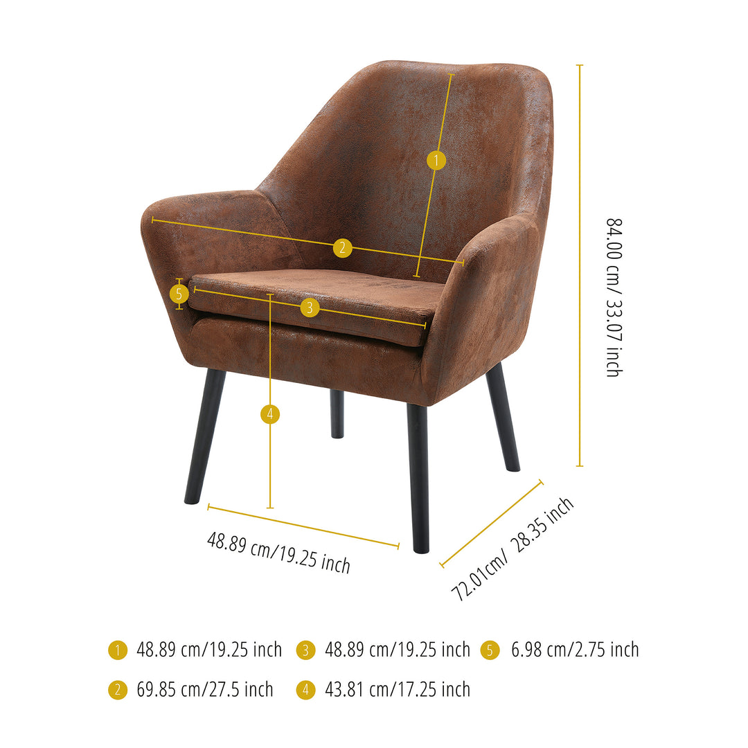 Dimensional graphic for a brown accent chair with black legs in inches and centimeters