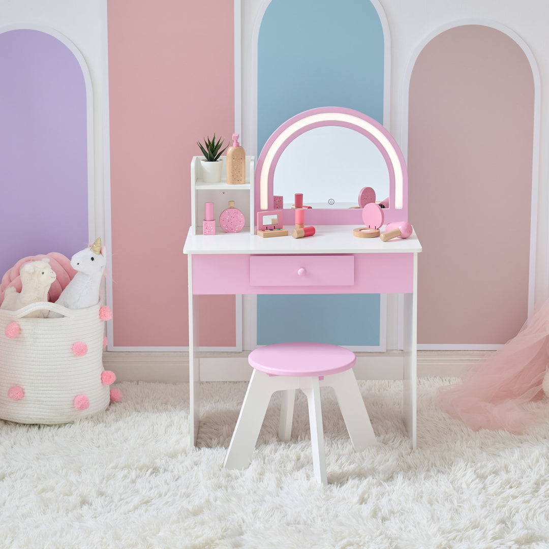 Pretend Play Toy Vanity Table With Mirror Ros Shine Wooden 2-in-1 Play Vanity Desk With LED Mirror For Pretend Play Toy Vanity Table With Mirror Ros Shine Wooden 2-in-1 Play Vanity Desk With LED Mirror For