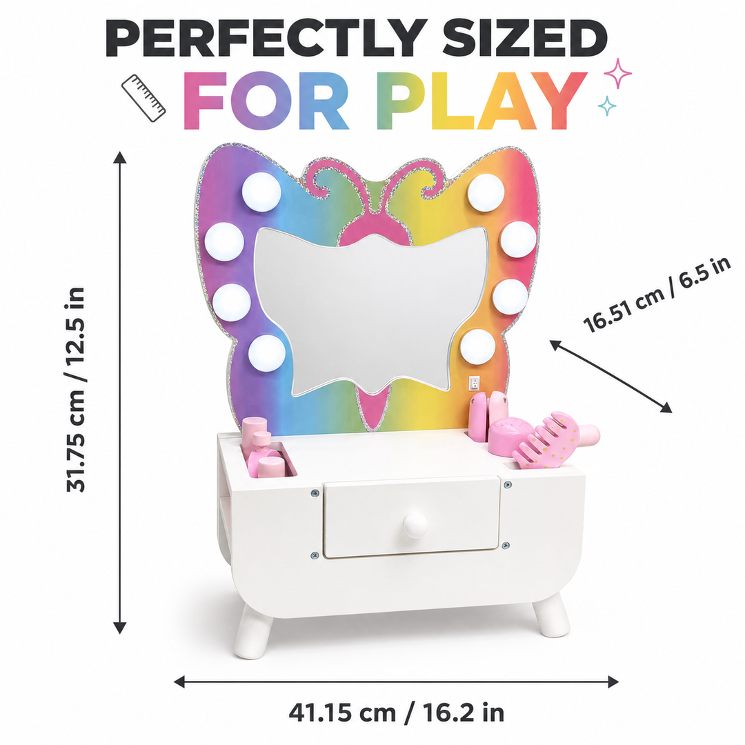 Teamson Kids Butterfly Light-Up Tabletop Kids Vanity Set with 6 Accessories, White and Pink, Butterfly LED Light-up Mirror, Shatterproof mirror for Safer Play, Includes Pretend Dress Up Pieces
