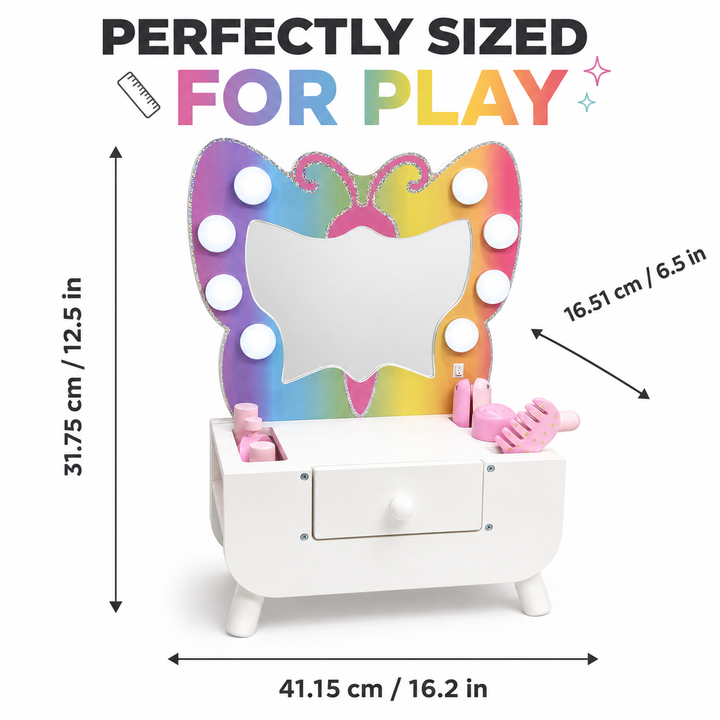 Teamson Kids Butterfly Light-Up Tabletop Kids Vanity Set with 6 Accessories, White and Pink, Butterfly LED Light-up Mirror, Shatterproof mirror for Safer Play, Includes Pretend Dress Up Pieces