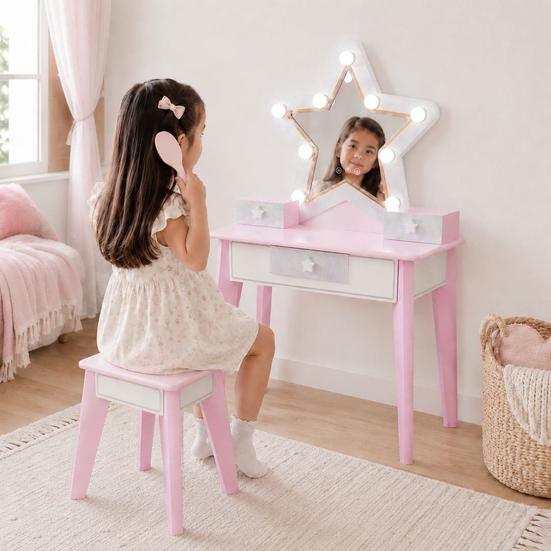 Teamson Kids Light-Up Vanity Table and Stool Set with Star Shaped Mirror, Little Princess Pink Pretend Movie Star Play Set with LED Lights, 3 Drawers and Matching Star Drawer Handles
