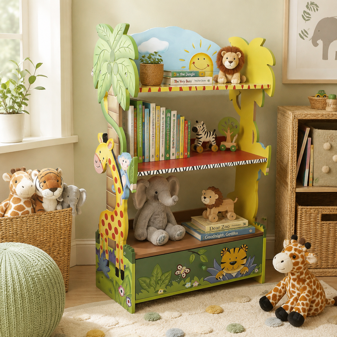 Fantasy Fields Sunny Safari Kids Bookcase with 3 Shelves, Bottom Drawer, Child-Friendly Height and Safari Animal Design, Blue