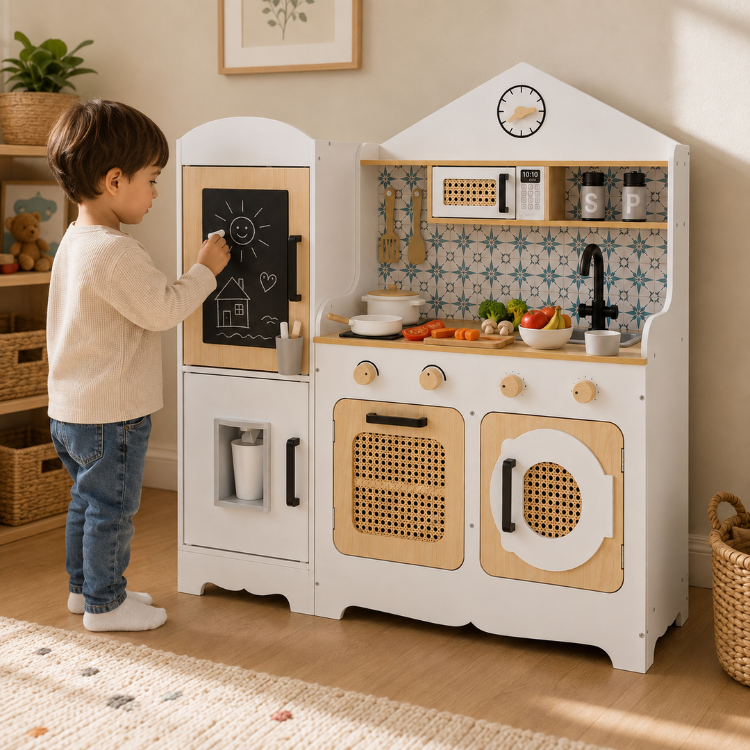 Teamson Kids Large Wooden Play Kitchen Set, White and Natural, Pretend Play Kitchen, Fridge with Pretend Ice Dispenser, Oven, Microwave, Sink and Washer with 11 Accessories, Little Chef Morocco