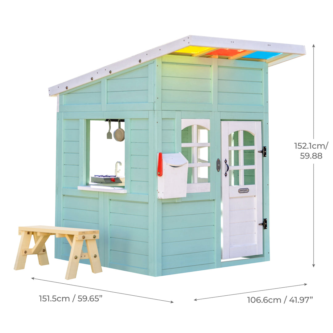 Teamson Kids Rainbow Shade Wooden Playhouse with Kitchen and Bench, Mint