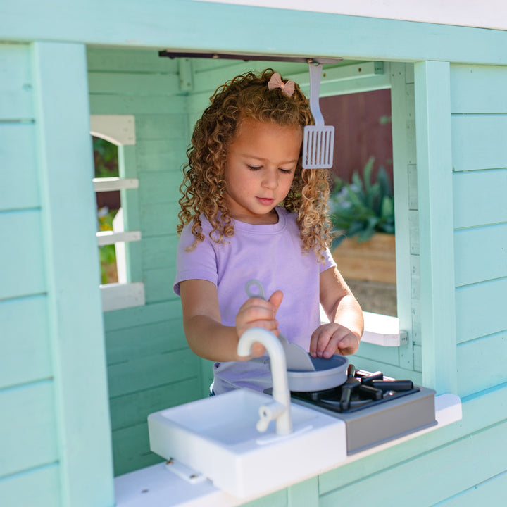 Teamson Kids Rainbow Shade Wooden Playhouse with Kitchen and Bench, Mint