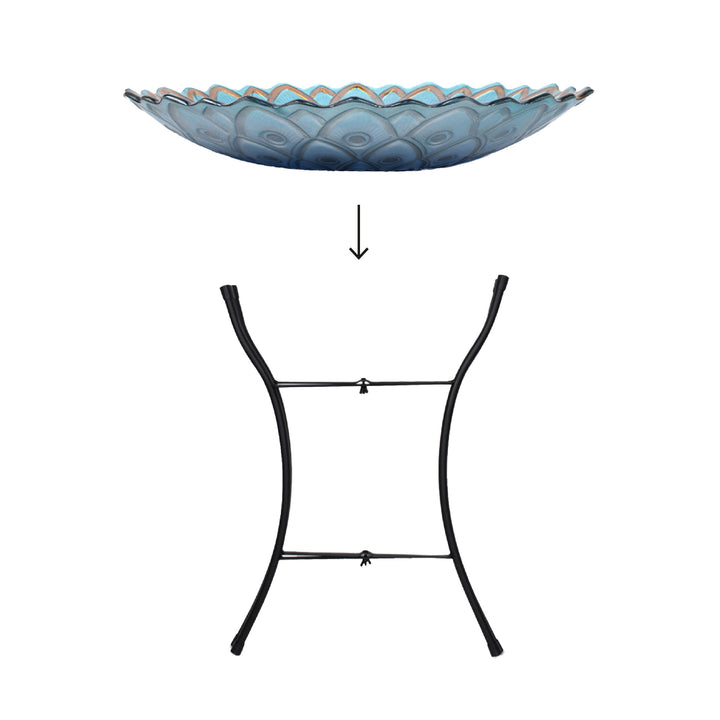 A graphic of a glass birdbath bowl to be lowered onto a metal stand