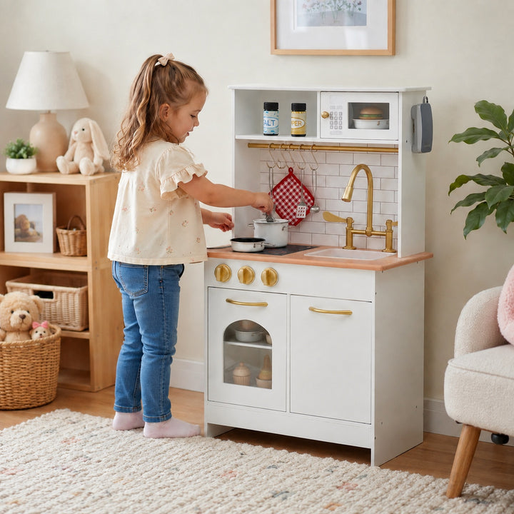 Teamson Kids Little Chef Boston Small Wooden Play Kitchen with Oven, Microwave, Sink, Clicking Knobs, Utensil Hooks, Storage Shelf and 9 Accessories
