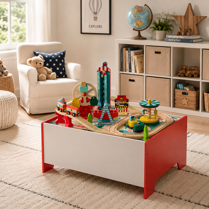 Teamson Kids Florida Wooden Amusement Park Activity Table with 5 Moving Rides, Train Track, 6 Games, 39 Play Pieces, Storage Bin, Rearrangeable Layout, Fine Motor Play, Ages 3+, Red