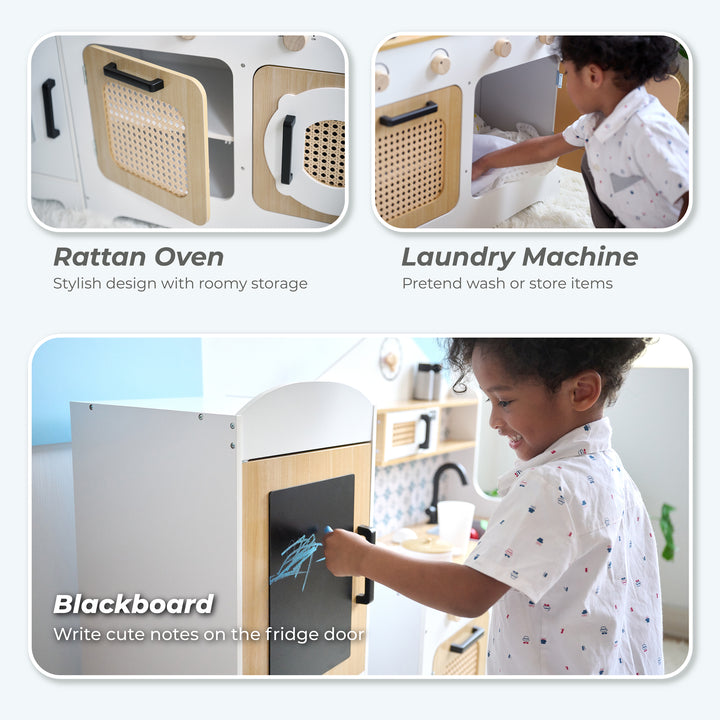 Teamson Kids Large Wooden Play Kitchen Set, White and Natural, Pretend Play Kitchen, Fridge with Pretend Ice Dispenser, Oven, Microwave, Sink and Washer with 11 Accessories, Little Chef Morocco