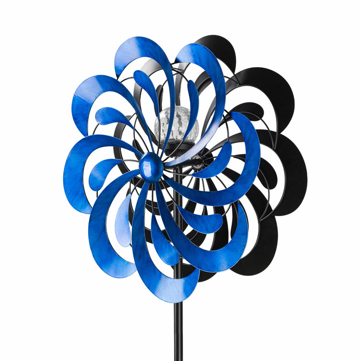 A side angle closeup of a blue flower-shaped windspinner