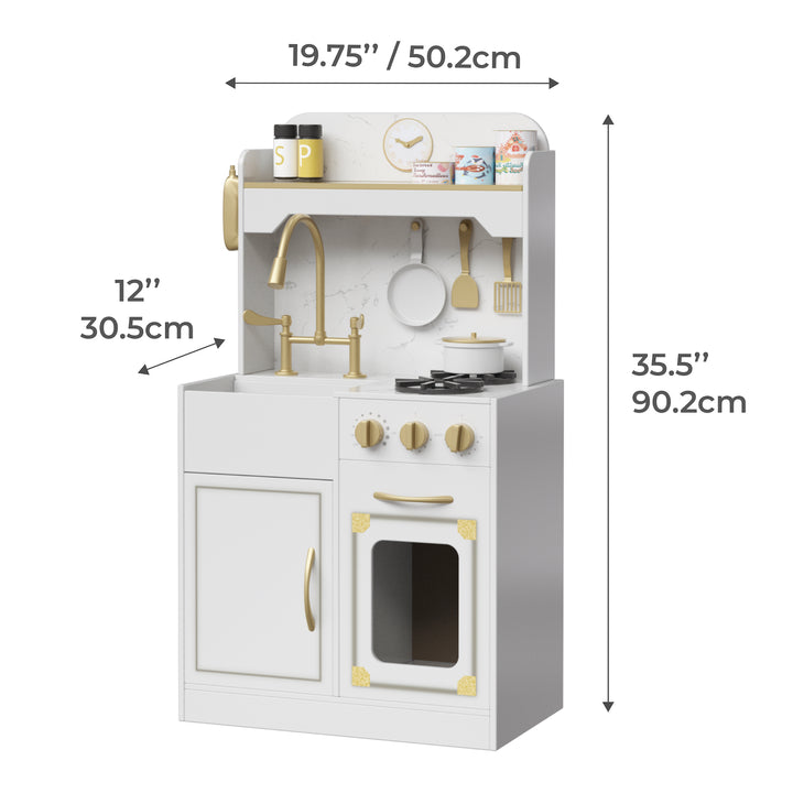 A dimensional graphic for a white and gold play kitchen in inches and centimeters