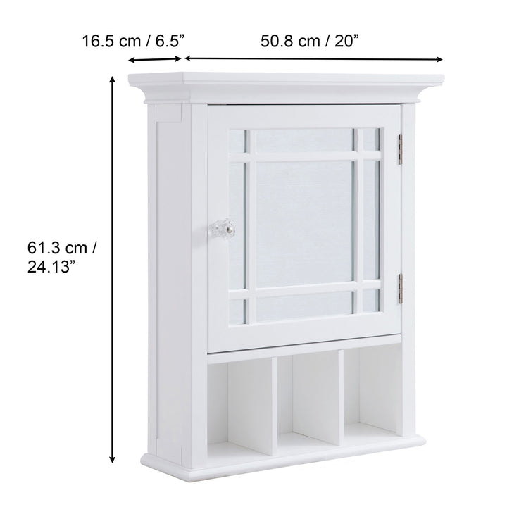 Dimensional graphic of a white wall cabinet in inches and centimeters