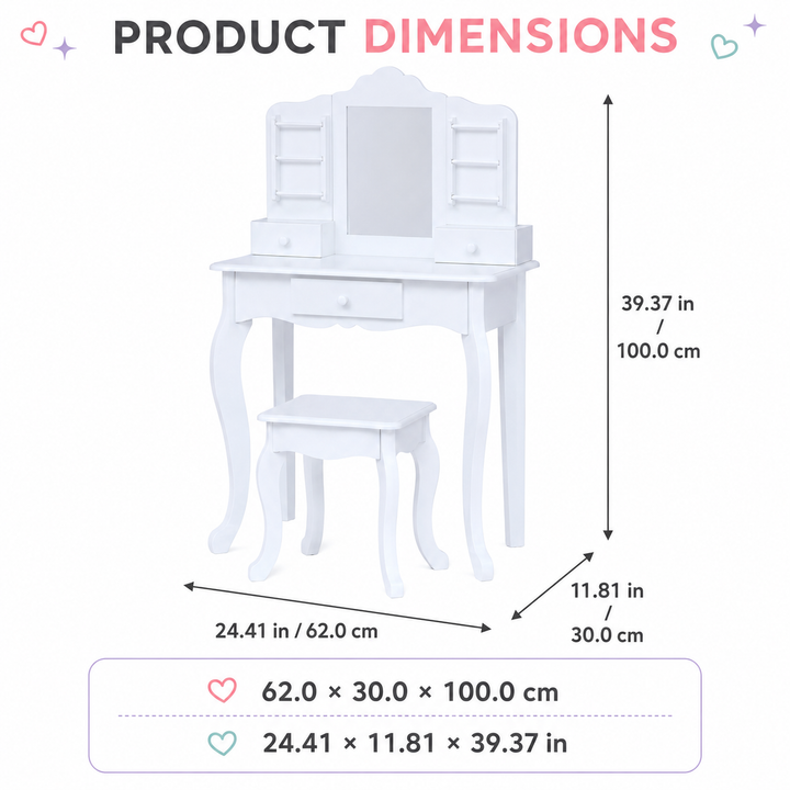 Teamson Kids Wooden Kids Vanity Table and Stool Set, Brilliant White, Modern Pretend Play Set with Shatterproof Acrylic Mirror, 3 Storage Drawers, Jewelry Hooks Little Princess Anna