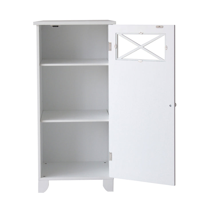 A narrow white floor cabinet with the door was open and two internal shelves