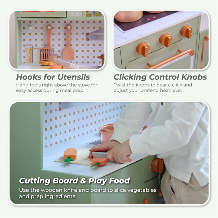 Wooden Play Kitchen with 15 Accessories, Green - Little Chef St. Louis by Teamson Kids