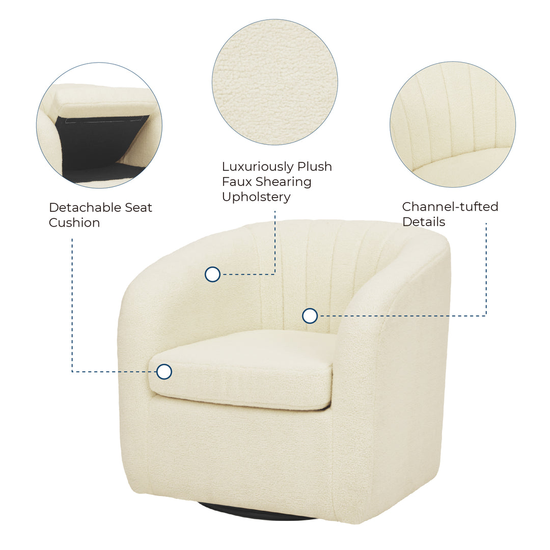 The cream large plush chair with features including a detachable seat cushion, plush shearing, and tufted details.