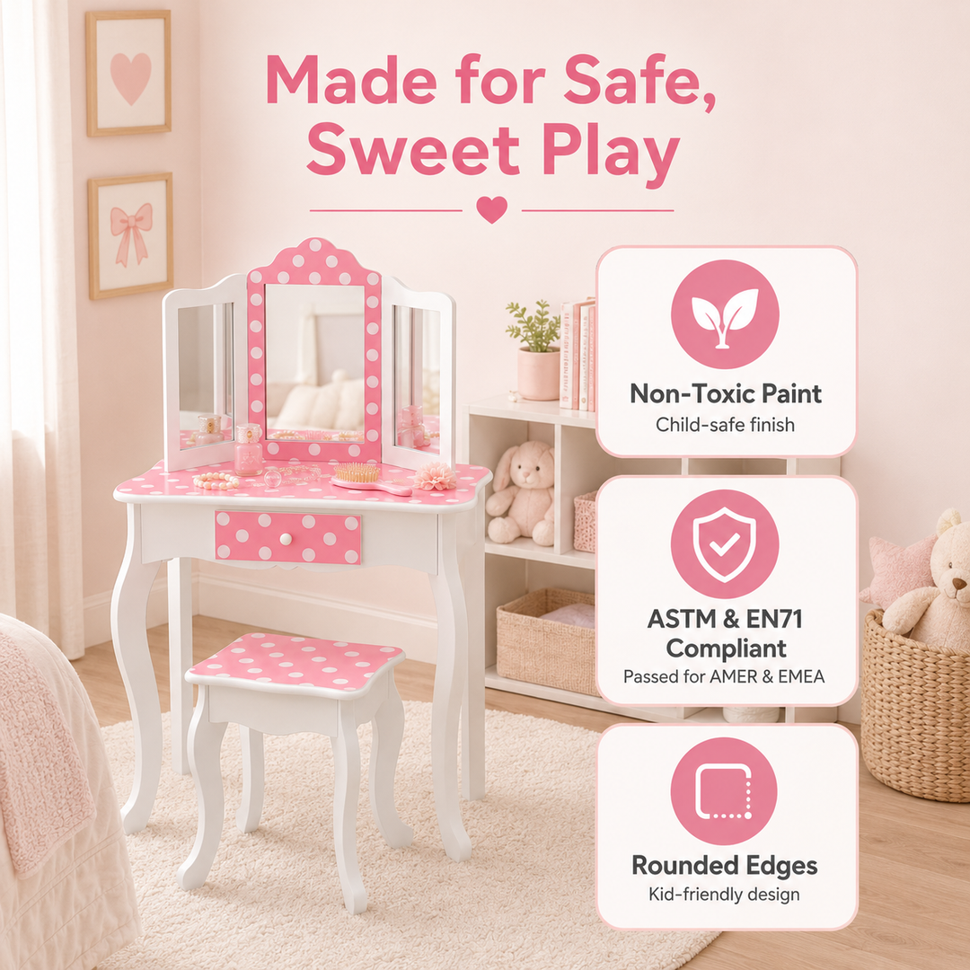 Teamson Kids Gisele Polka Dot Kids Vanity Table & Stool, White & Pink