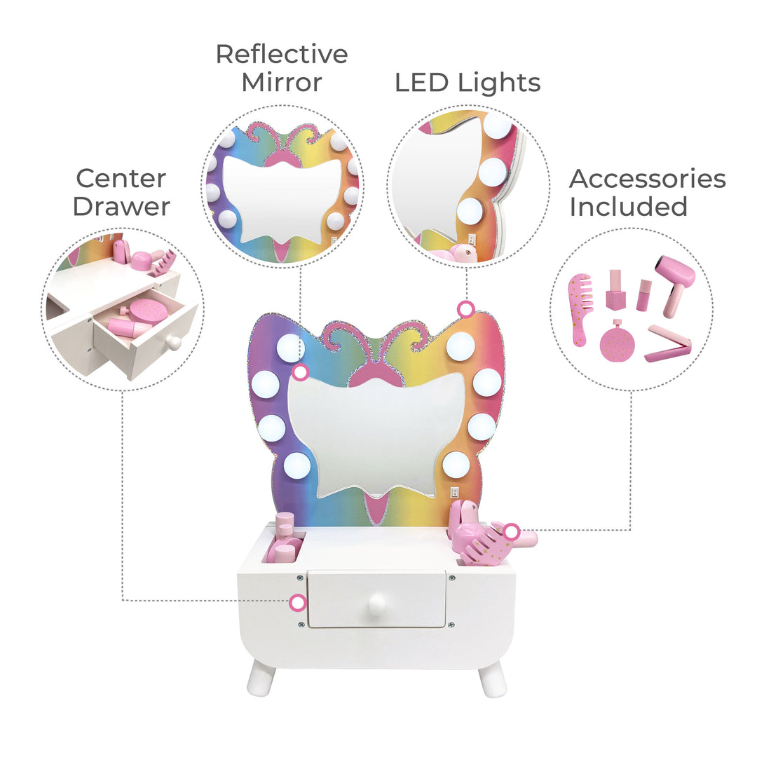 Butterfly vanity with features including reflective mirror, LED lights and included accessories.