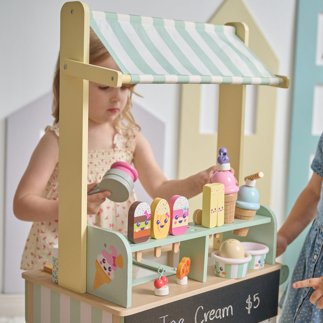 Jolly Pals Wooden Ice Cream Stand with 32 Play Food Pieces for Pretend Play by Teamson Kids