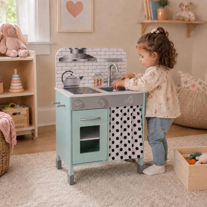 Teamson Kids Little Chef Philly Adjustable Wooden Play Kitchen with 2 Height Settings, Clicking Knobs, Faucet, Cabinet, Shelf, Side Pegs, Compact Design, Pretend Play, Ages 3+