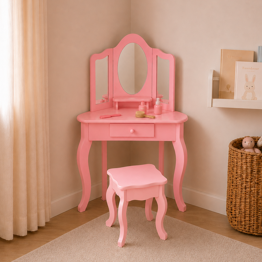 Teamson Kids Large Corner Kids Vanity Table and Stool Set with Drawers, Space-Saving Pink pretend Play Set with Tri-fold Mirror, Drawers and Shelves, Little Princess Alessandra