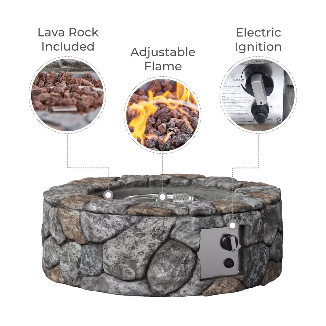 Infographic with callouts for lava rocks, adjustable flame and electric ignition