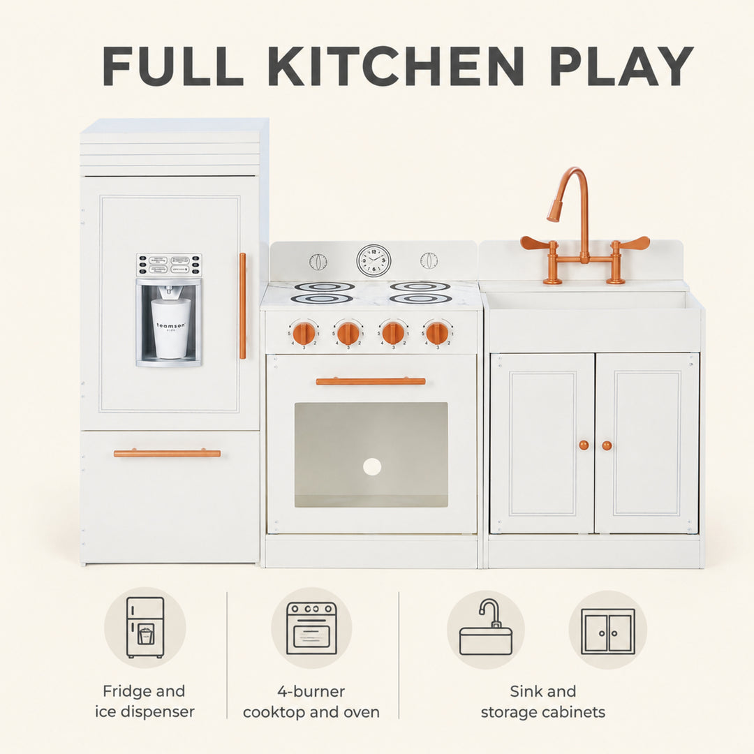 Teamson Kids Little Chef Paris Large Modular Wooden Play Kitchen with Fridge, Oven, Sink, Cabinets, Cooktop, Multiple Layouts and Accessories