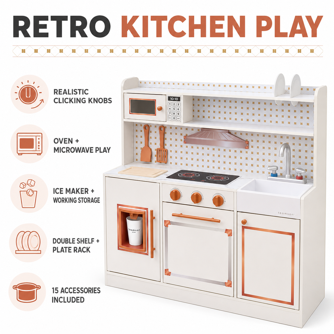 Teamson Kids Wooden Play Kitchen Set with 15 Accessories, Off-White, Retro-style Wooden Pretend Play Kitchen with Ice Dispenser, Oven, Microwave, Sink Little Chef St. Louis