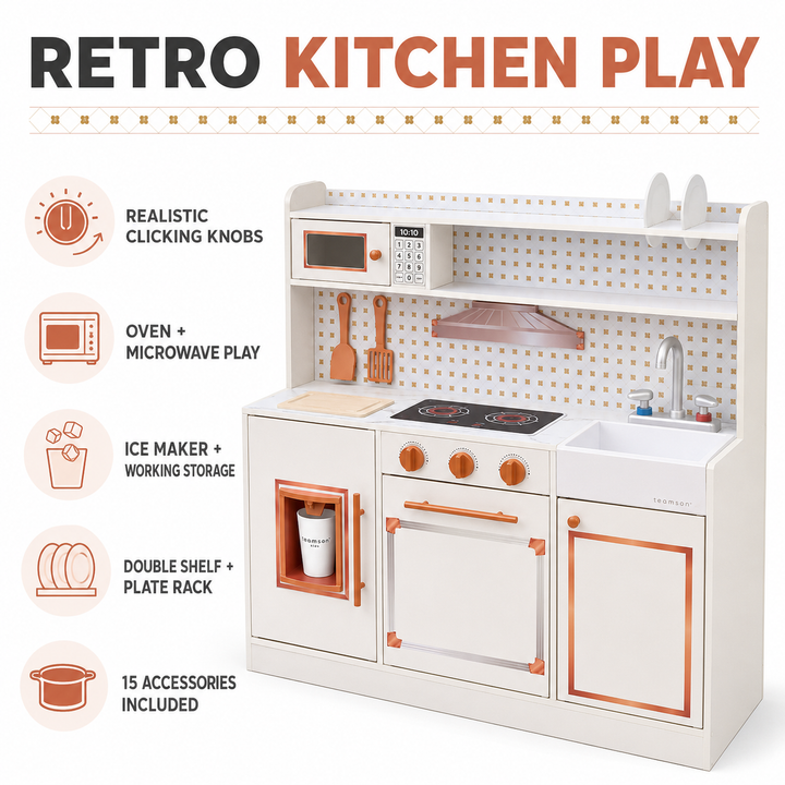 Teamson Kids Wooden Play Kitchen Set with 15 Accessories, Off-White, Retro-style Wooden Pretend Play Kitchen with Ice Dispenser, Oven, Microwave, Sink Little Chef St. Louis